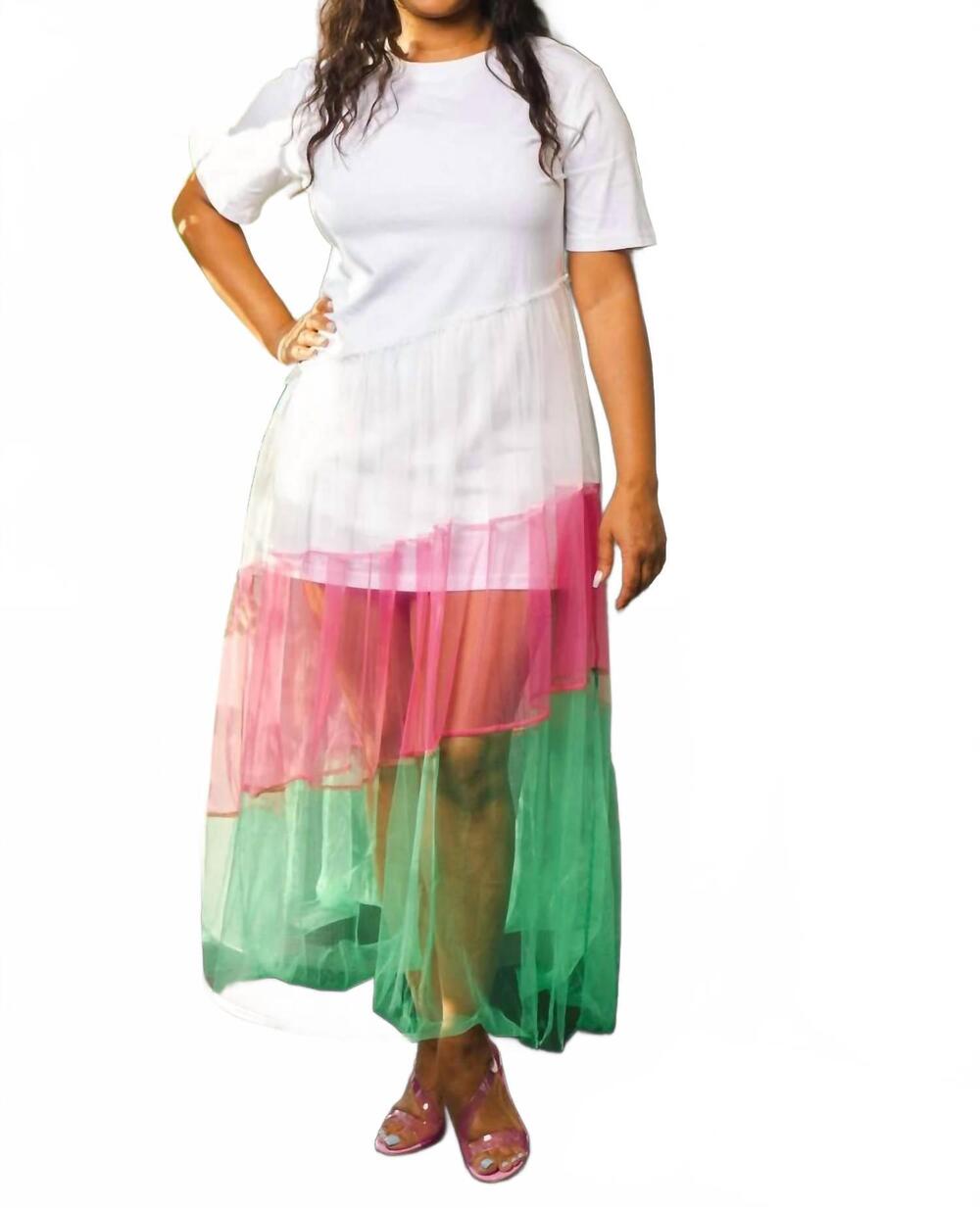 NEW N BY NANCY solid and tulle net dress in white with multicolor